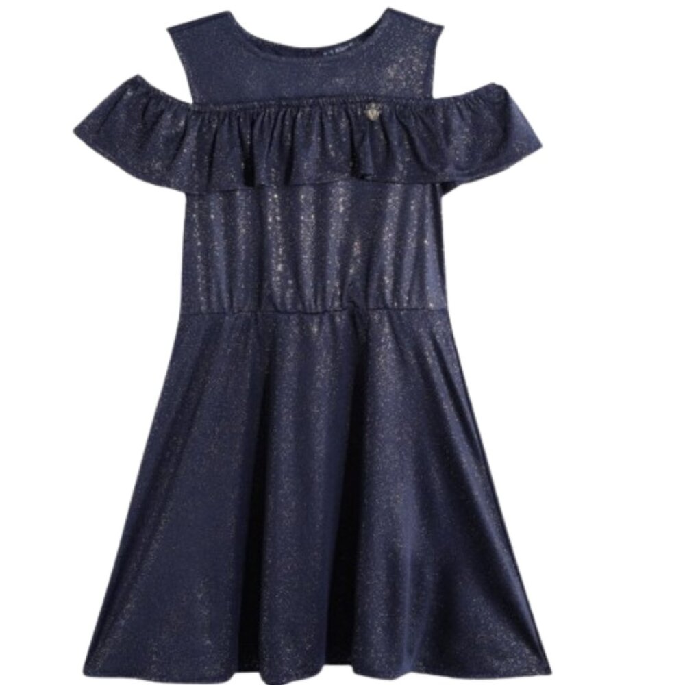 Girls Navy Blue & Gold-Toned Shimmer Fit and Flare Dress Cold Shoulder Size 10